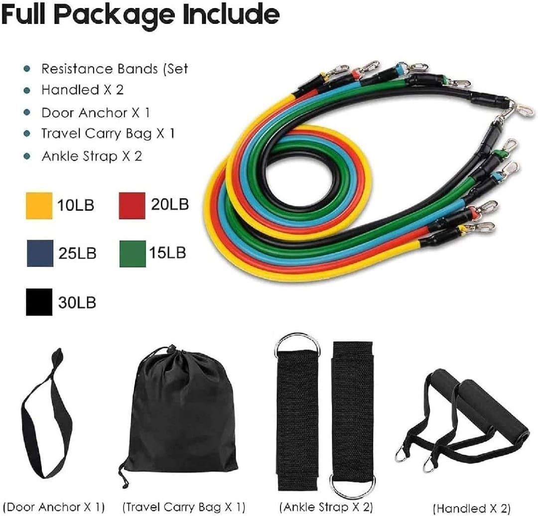 11 Piece Power Resistance Band Set | Home Gym Strength Training, Yoga & Fitness Equipment for Men & Women