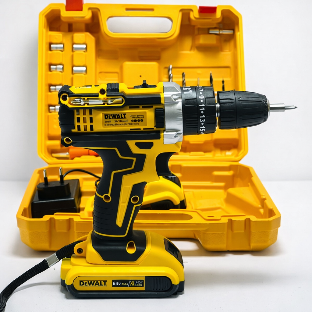 DeWalt 64V Cordless Electric Drill Machine with Battery & Carry Case | Professional Screwdriver Drill Kit
