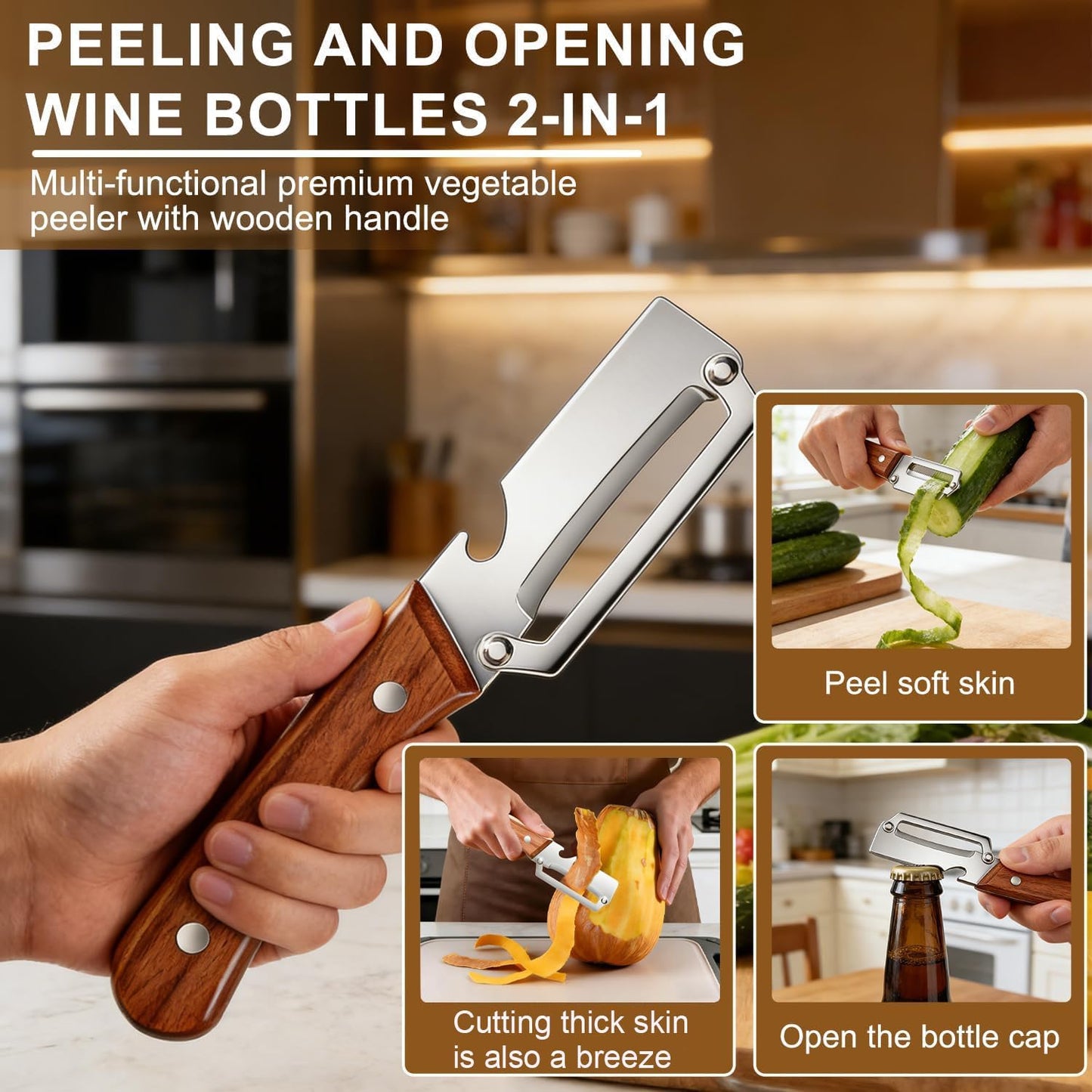 3-in-1 Multi-Functional Kitchen Peeler & Bottle Opener | Stainless Steel Vegetable & Fruit Peeler with Wooden Handle