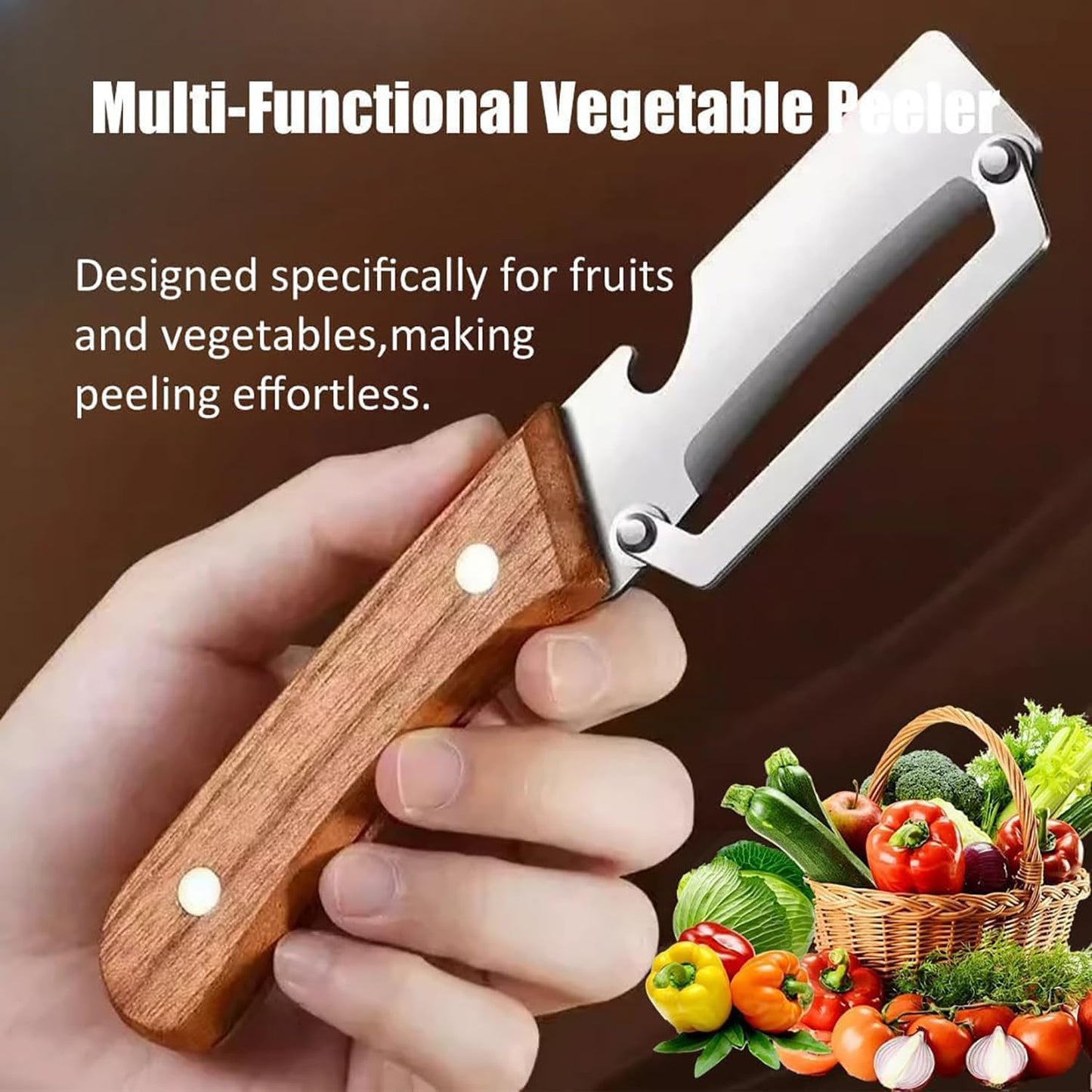 3-in-1 Multi-Functional Kitchen Peeler & Bottle Opener | Stainless Steel Vegetable & Fruit Peeler with Wooden Handle
