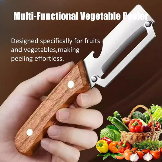 3-in-1 Multi-Functional Kitchen Peeler & Bottle Opener | Stainless Steel Vegetable & Fruit Peeler with Wooden Handle